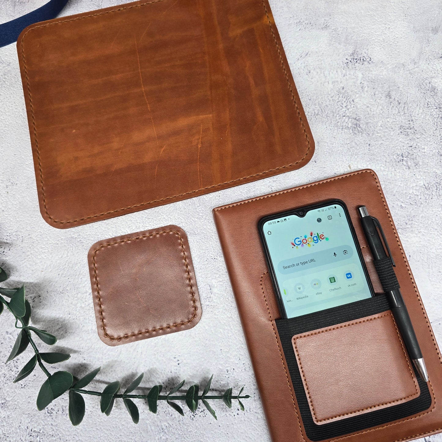 Office Leather Mouse Pad, Coaster & Notebook Gift Set
