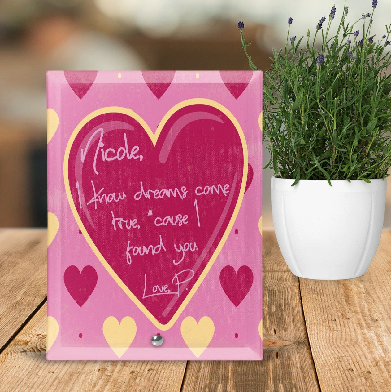 Personalised Glass Tile from Happy Look | South Africa – Adorned with a heartfelt note in a vibrant heart design. Perfect for expressing love on special occasions and customisable with names. A thoughtful gift that brings joy and lasting memories. Shop now!