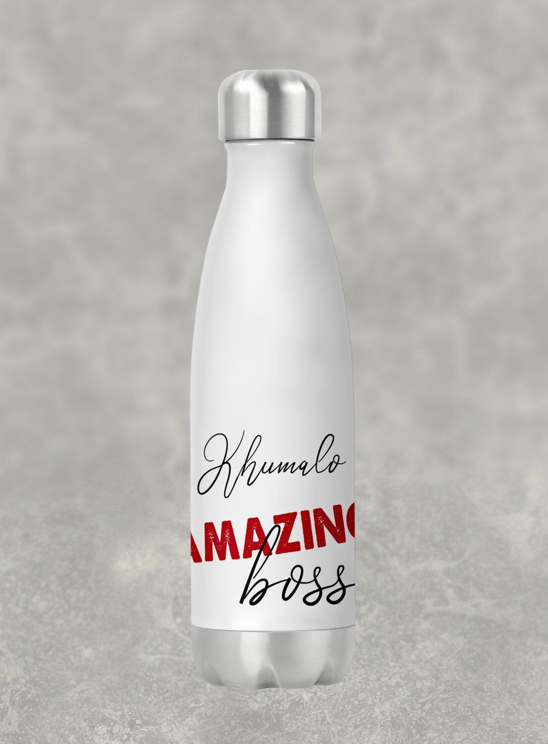 Personalised Metal Water Bottle from Happy Look | South Africa – Stylish stainless steel bottle with “Khumalo Amazing Boss” text in bold typography. Perfect for boss appreciation gifts and customisable with names. A thoughtful gift that brings joy and lasting memories. Shop now!