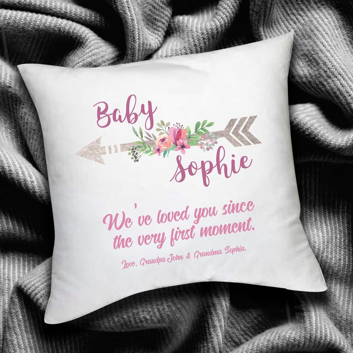 Personalised Pillow from Happy Look | South Africa – Decorated with floral arrows and the name "Baby Sophie." Perfect for newborn welcomes and customisable with names. A thoughtful gift that brings joy and lasting memories. Shop now!