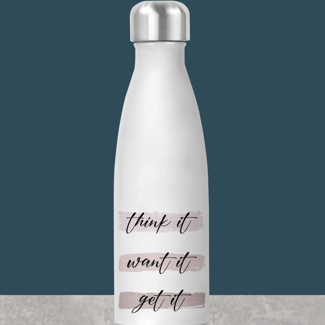 Personalised Water Bottle with Motivational Quote from Happy Look | South Africa – Chic water bottle featuring an inspirational "Think it, Want it, Get it" quote. Great for goal-setters, students, and professionals. Customisable with different quotes. A thoughtful gift that brings joy and lasting memories. Shop now!