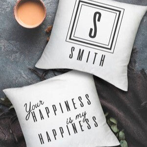 Personalised Monogram Pillow Set from Happy Look | South Africa – Elegant and stylish personalised pillow set featuring a monogram and a heartwarming message. Perfect for weddings, anniversaries, and housewarmings. Customisable with initials and text. A thoughtful gift that brings joy and lasting memories. Shop now!