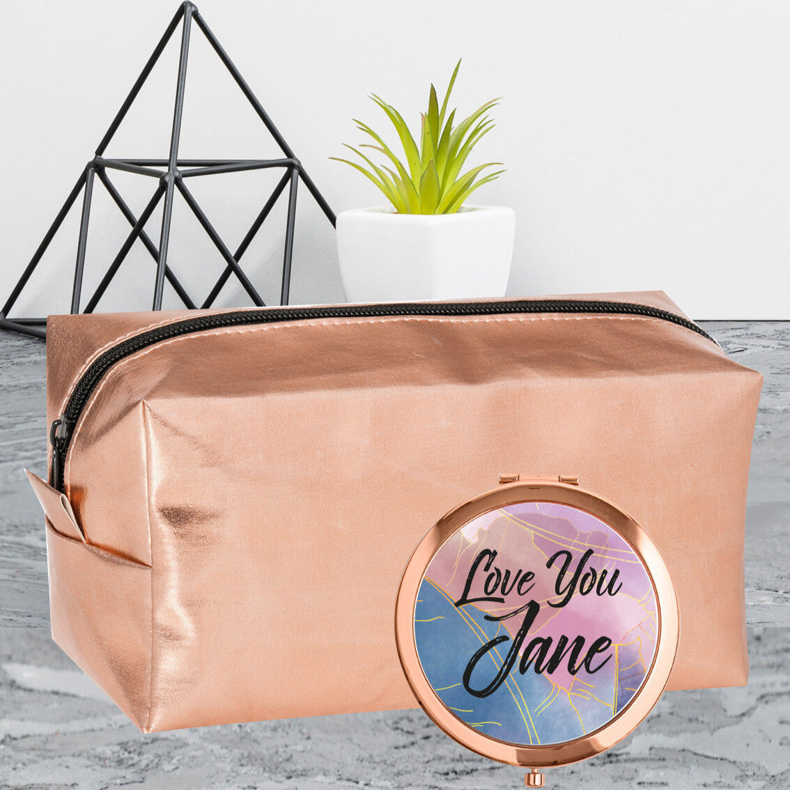 Personalised cosmetic bag and mirror set from Happy Look | South Africa – Unique and eye-catching design. Perfect for any celebration and customisable with the name "Love You Jane." A thoughtful gift that brings joy and lasting memories. Shop now!