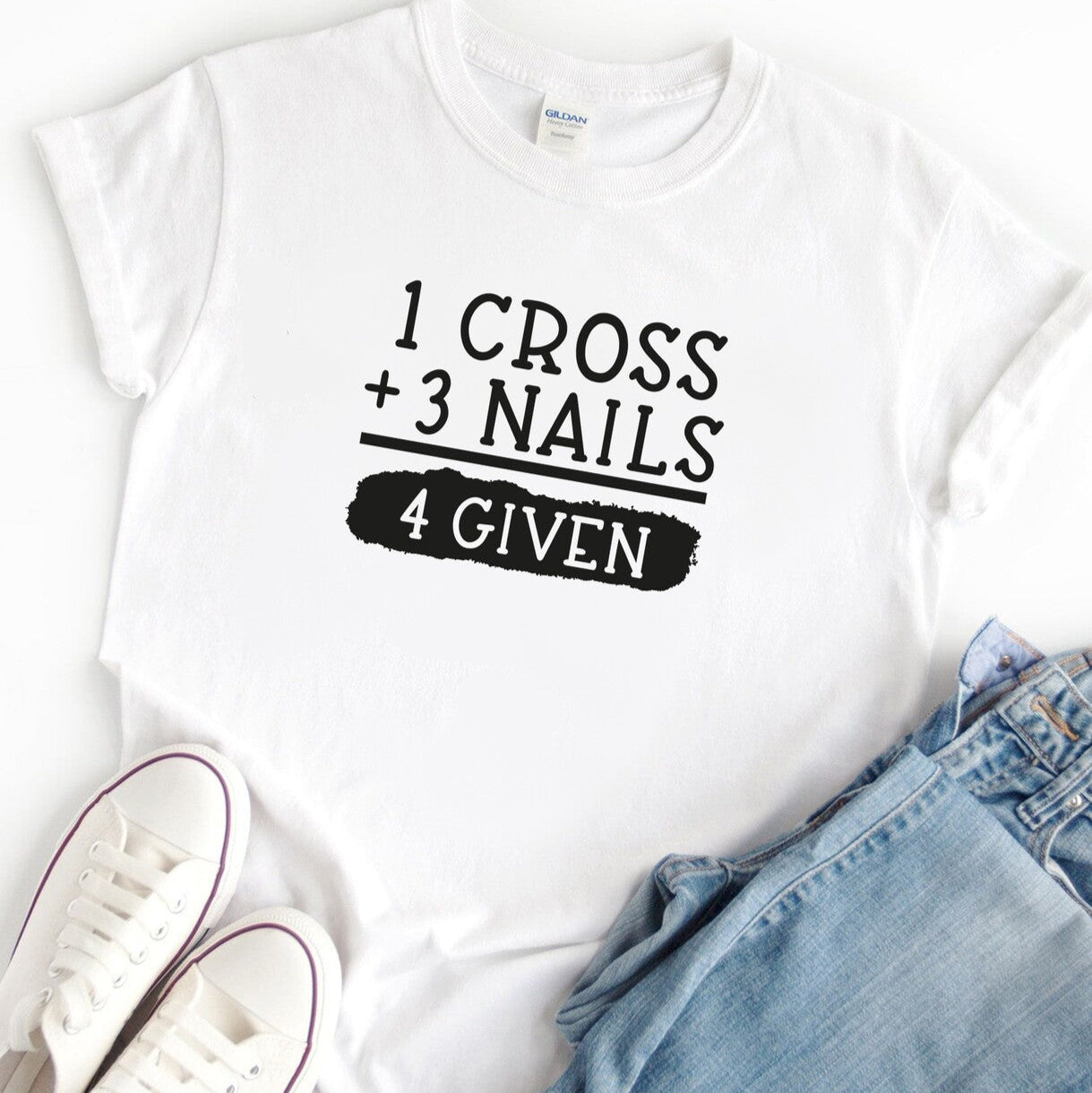 Personalised 1 Cross + 3 Nails T-Shirt from Happy Look | South Africa β Featuring a powerful message about forgiveness. Perfect for Easter celebrations and customisable with your choice of name. A thoughtful gift that brings joy and lasting memories. Shop now!