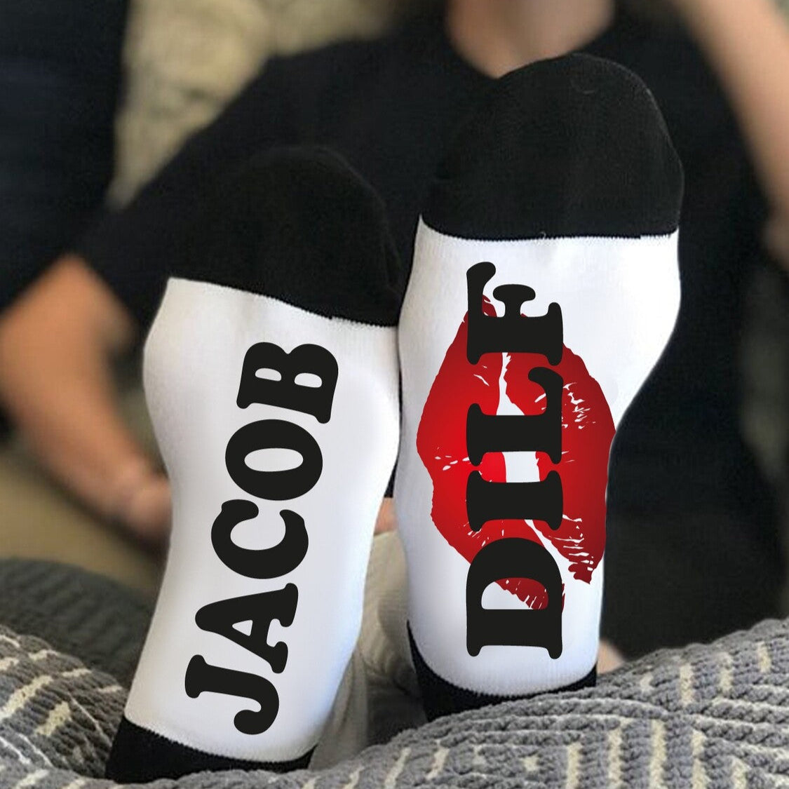 Personalized socks from Happy Look | South Africa – Made from high-quality material, featuring the name "Jacob" and a red lipstick kiss print with the word "DILF". Perfect for birthday, anniversary, Valentine’s Day, Christmas, or just because. A unique and practical gift for any romantic occasion. Shop now!