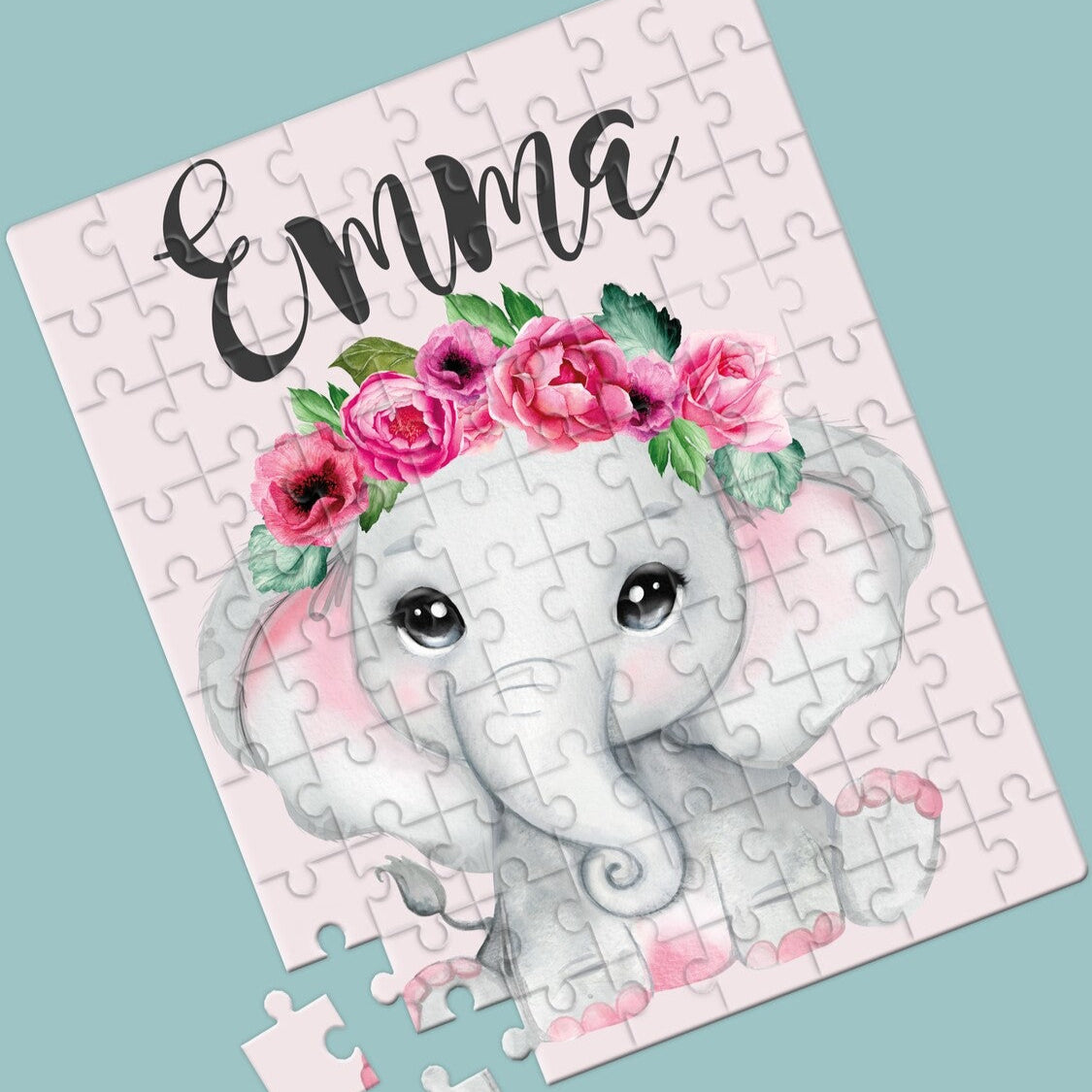 Personalised Elephant Puzzle from Happy Look | South Africa – Featuring a charming elephant wearing flowers. Perfect for baby showers and customisable with names. A thoughtful gift that brings joy and lasting memories. Shop now!