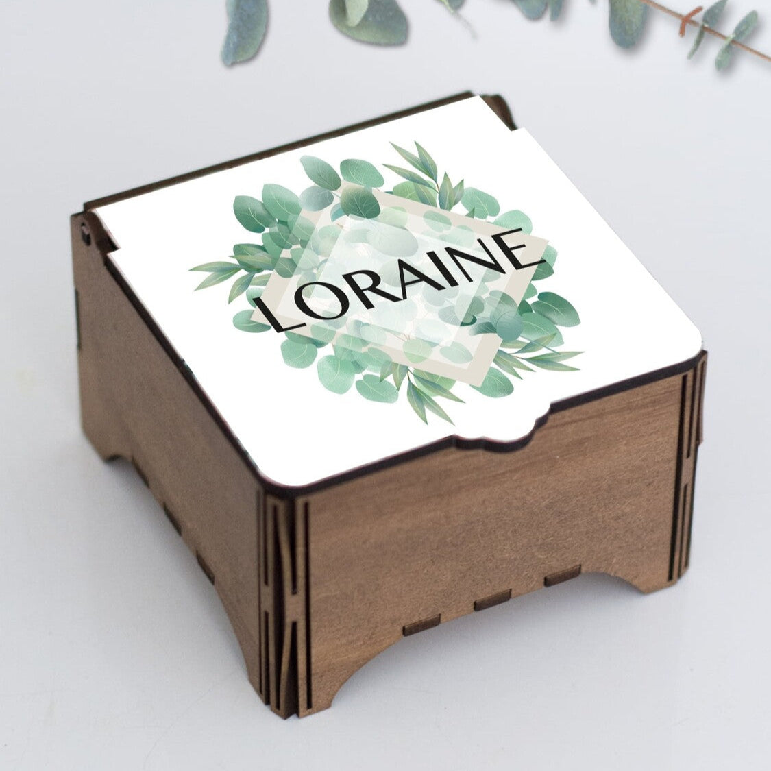 Personalised Leaf Jewelry Box from Happy Look | South Africa – Showcases a modern design with the name 'LORAINE'. Perfect for graduations, weddings, or special celebrations, and customisable with any name or design element. A thoughtful gift that brings joy and lasting memories. Shop now!