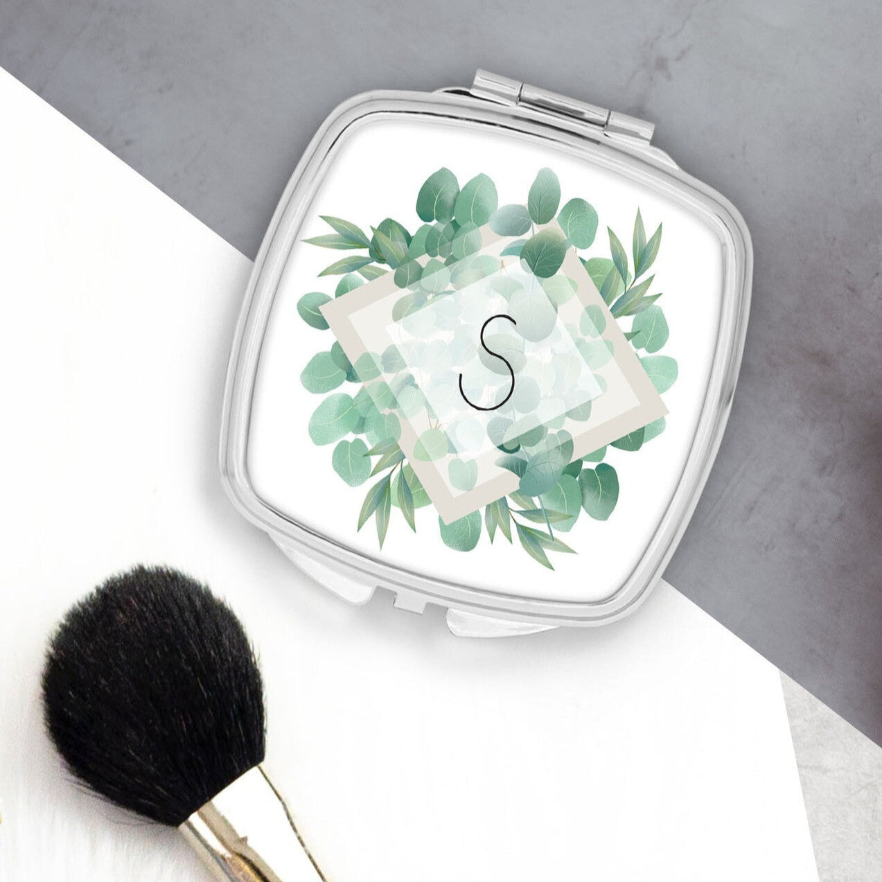 Personalised Pocket Mirror from Happy Look | South Africa β Designed with soft green leaves and a customizable initial "S." Perfect for personal use and customisable with initials. A thoughtful gift that brings joy and lasting memories. Shop now!
