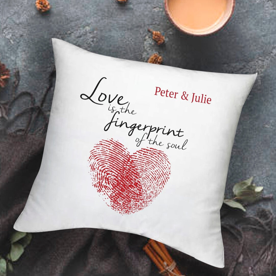 Personalised Fingerprint Love Cushion from Happy Look | South Africa – Displays a heart made from fingerprints with customized names. Perfect for anniversaries and customisable with names or dates. A thoughtful gift that brings joy and lasting memories. Shop now!
