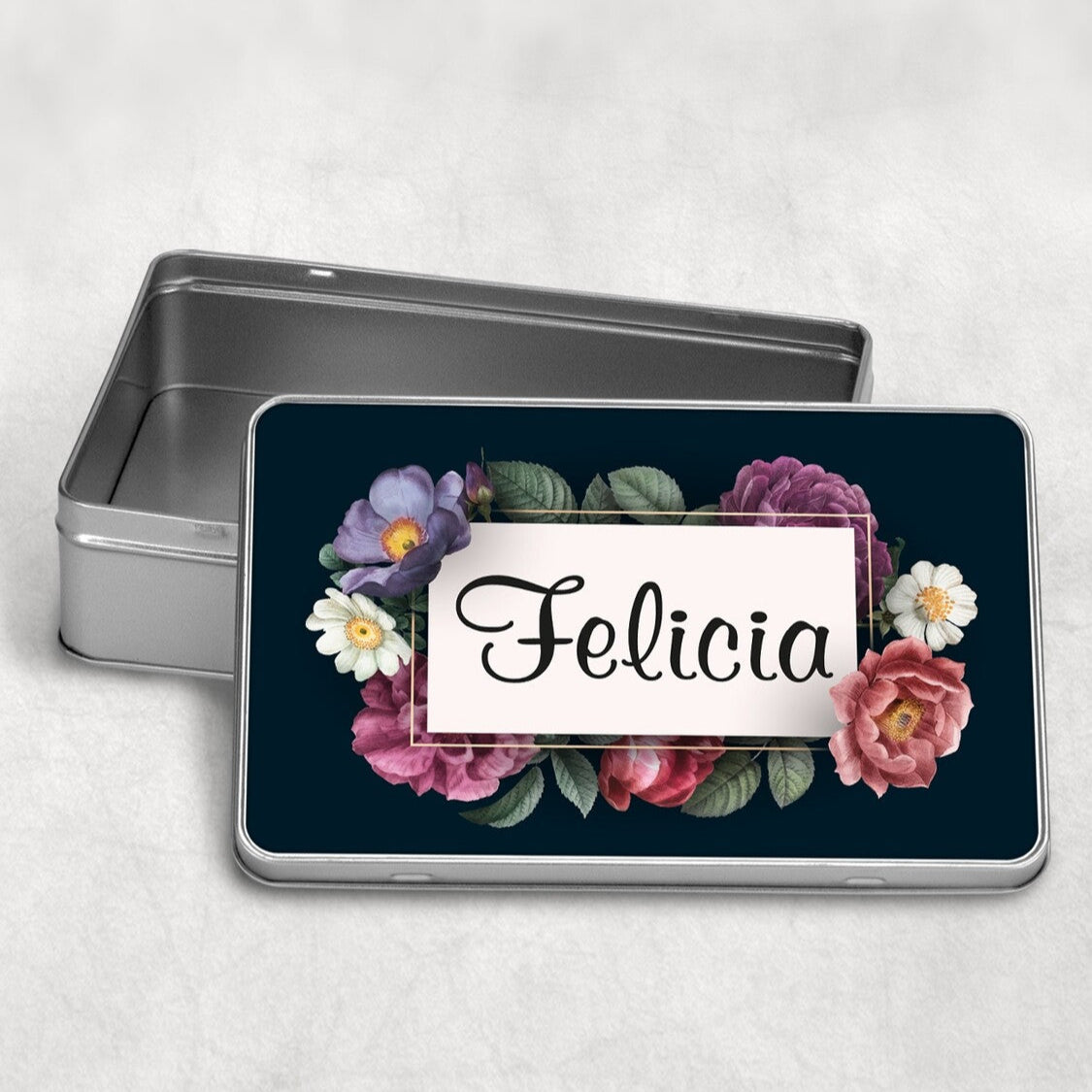 Personalised Metal Box from Happy Look | South Africa – A sleek and stylish metal tin with a floral design and space for your loved ones name. Ideal for birthdays, Valentines Day, or any special occasion. Customise with a unique message to create a cherished keepsake. Shop now!