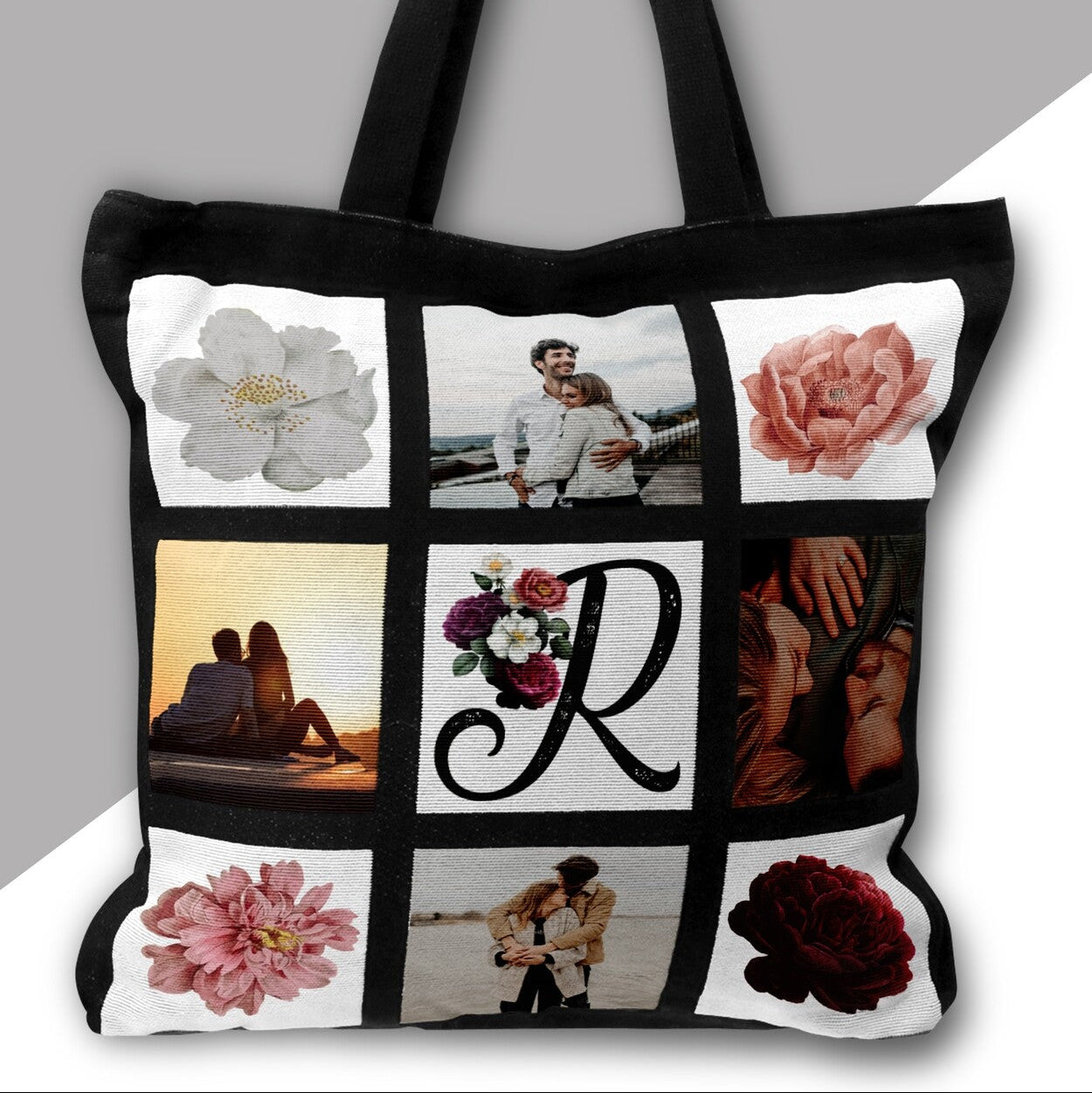 Personalised Tote Bag from Happy Look | South Africa – Displays a collage with floral designs and the letter "R". Perfect for Mother's Day and customisable with names or dates. A thoughtful gift that brings joy and lasting memories. Shop now!
