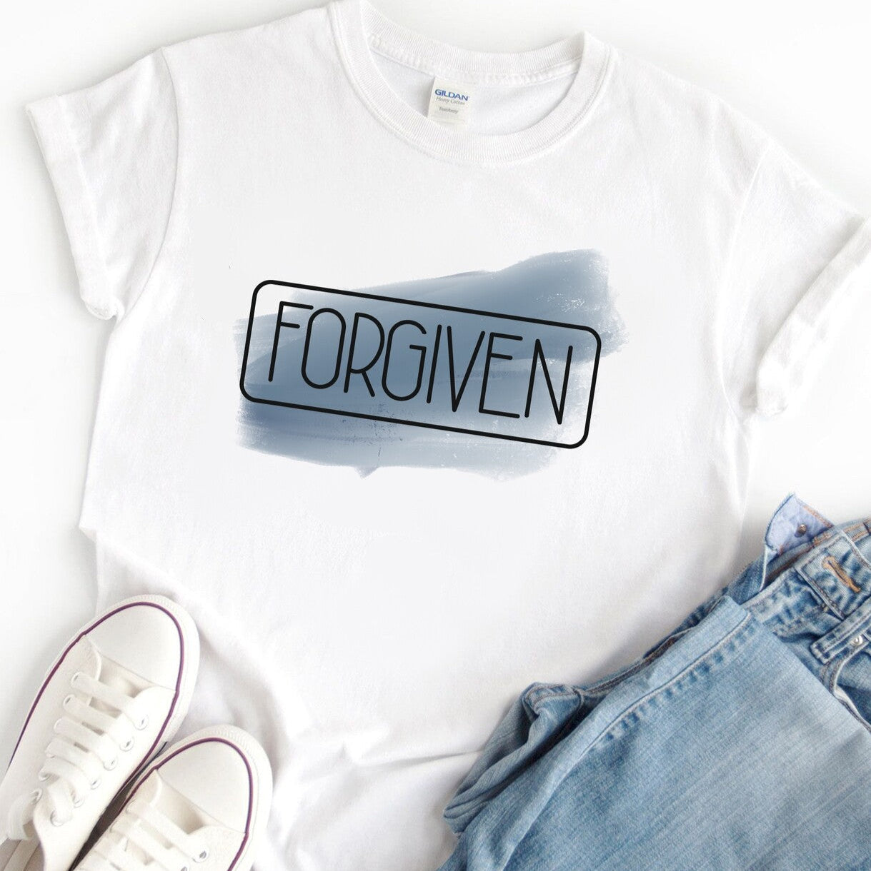 Personalised Forgiven T-Shirt from Happy Look | South Africa β Showcasing a meaningful message on a soft brush stroke design. Perfect for everyday wear and customisable with a personal touch. A thoughtful gift that brings joy and lasting memories. Shop now!