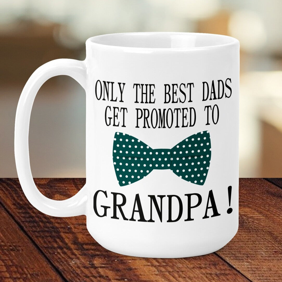 Personalised Mug from Happy Look | South Africa – features the text “ONLY THE BEST DADS GET PROMOTED TO GRANDPA!” with a stylish green polka dot bowtie graphic. Shop Now!