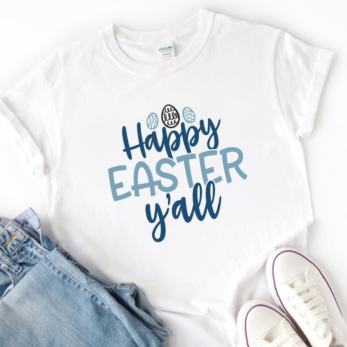 Personalised Happy Easter Yβall T-Shirt from Happy Look | South Africa β Featuring a cheerful greeting and decorative eggs. Perfect for Easter celebrations and customisable with your choice of name. A thoughtful gift that brings joy and lasting memories. Shop now!