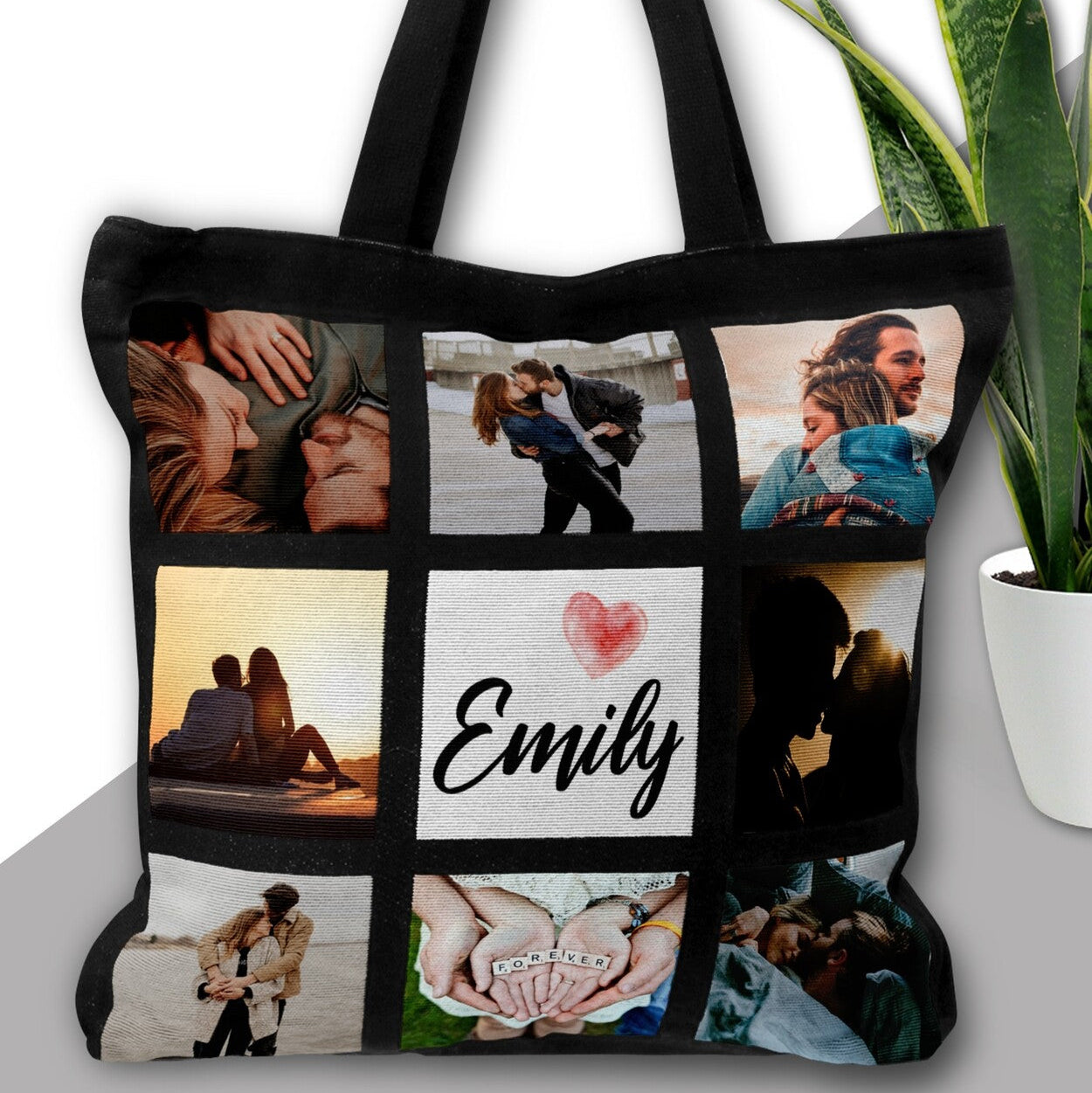 Personalised Tote Bag from Happy Look | South Africa – Features a collage of romantic photos and the name "Emily". Perfect for anniversaries and customisable with names or dates. A thoughtful gift that brings joy and lasting memories. Shop now!