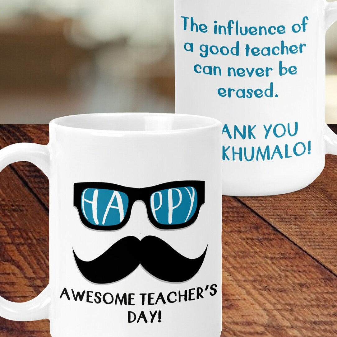 Personalised Mug from Happy Look | South Africa – Featuring a fun design with "Happy Teacher's Day!" and "THANK YOU KHUMALO!" Perfect for expressing gratitude on special occasions and customisable with names. A thoughtful gift that brings joy and lasting memories. Shop now!