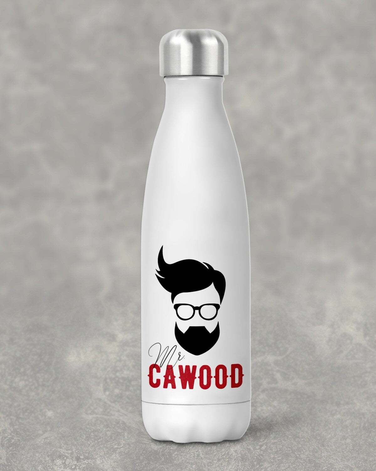 Personalised Teacher Water Bottle from Happy Look | South Africa – Trendy stainless steel bottle featuring a bearded man illustration and “Mr. Cawood” text. Perfect for teachers and customisable with names. A thoughtful gift that brings joy and lasting memories. Shop now!