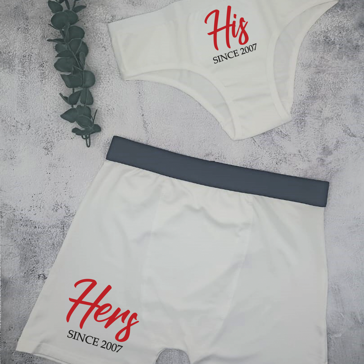 Personalised couples underwear set from Happy Look | South Africa – Made from soft, high-quality fabric, featuring matching 'his and hers' designs. Custom-printed with your special message or names. Perfect for anniversaries, Valentine's Day, or as a fun and intimate gift for couples. A unique and playful way to celebrate your love. Shop now!