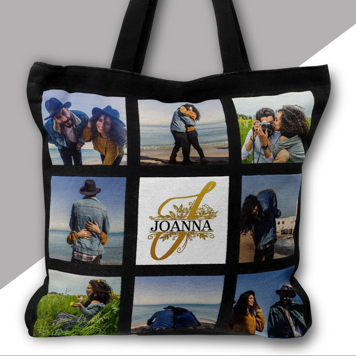 Personalised Tote Bag from Happy Look | South Africa – Features a collage with the name "JOANNA" and various images. Perfect for birthdays and customisable with names or initials. A thoughtful gift that brings joy and lasting memories. Shop now!