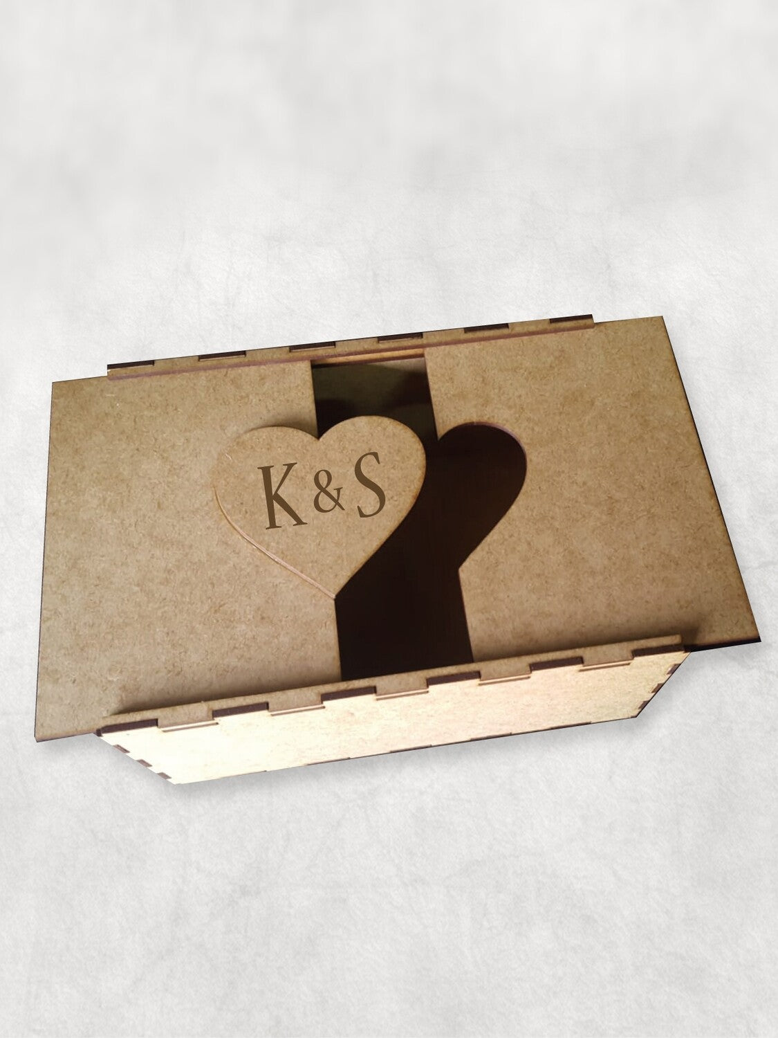 Personalised MDF Box from Happy Look | South Africa – Engraved with a heart and initials "K&S". Perfect for weddings and customisable with initials. A thoughtful gift that brings joy and lasting memories. Shop now!
