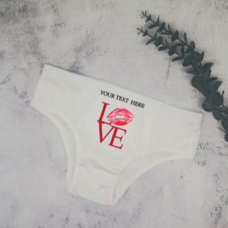 Personalised Ladies Cheekie Underwear from Happy Look | South Africa – "LOVE" design with a lipstick kiss and custom text. A perfect romantic gift for Valentine's Day, weddings, and special occasions. Personalise with any message to make it unique. Shop now!