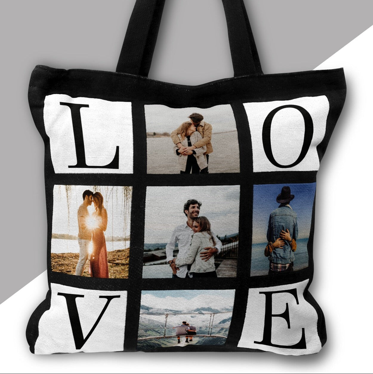 Personalised Tote Bag from Happy Look | South Africa – Displays a collage with the word "LOVE" and various romantic images. Perfect for weddings and customisable with messages or names. A thoughtful gift that brings joy and lasting memories. Shop now!