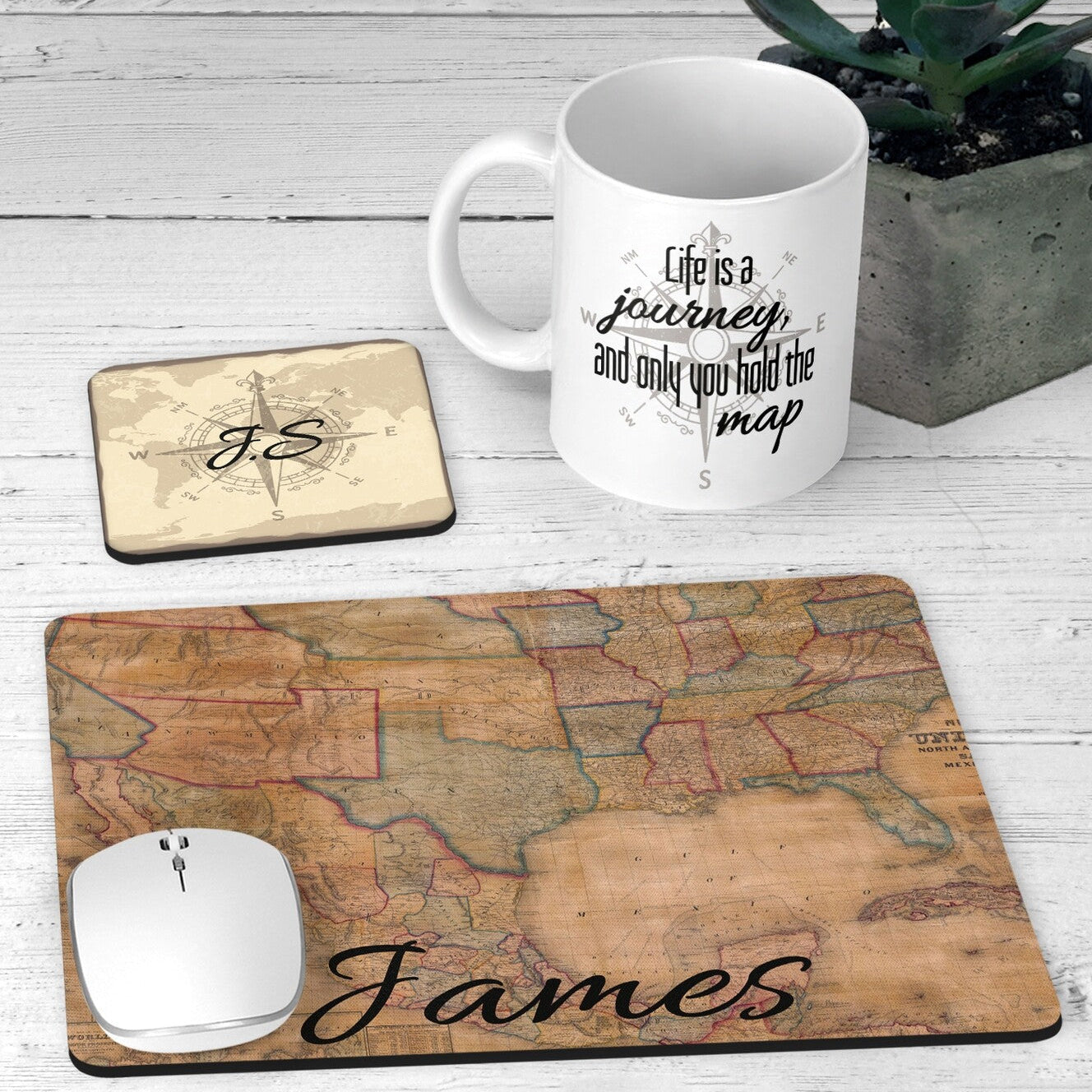 Personalised Vintage Map Desk Set from Happy Look | South Africa – A unique, travel-inspired design featuring a vintage map print on a mug, mousepad, and coaster. Perfect for explorers, corporate gifting, or office decor. Customisable with initials or names. A thoughtful gift that brings joy and lasting memories. Shop now!