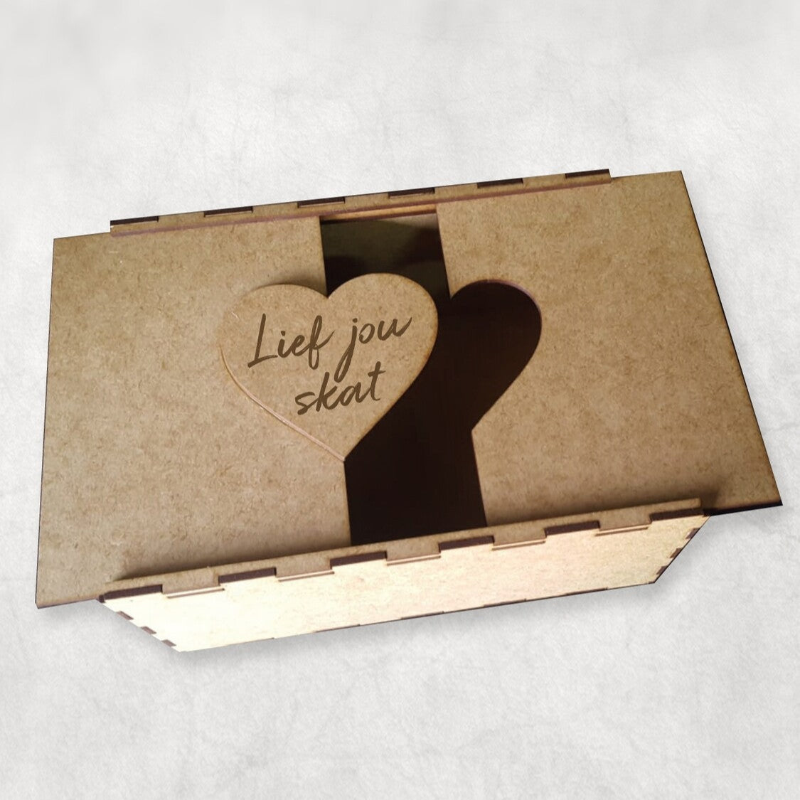 Personalised MDF Box from Happy Look | South Africa – Engraved with a heart and the phrase "Lief jou skat". Perfect for romantic occasions and customisable with personal messages. A thoughtful gift that brings joy and lasting memories. Shop now!