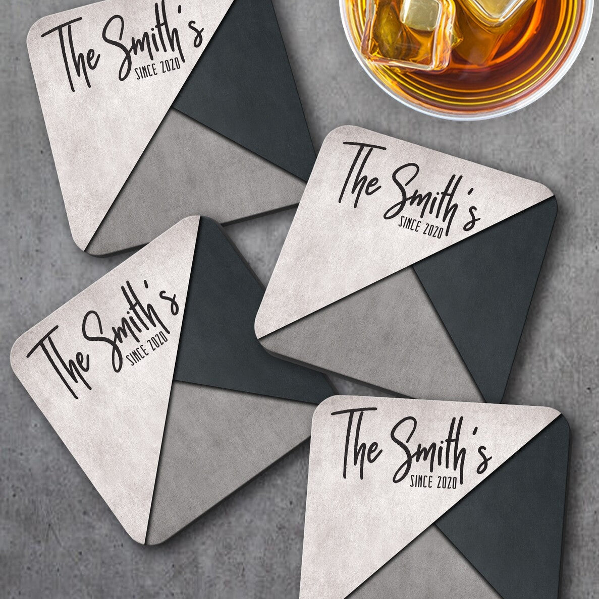 Personalised Family Name Coaster Set from Happy Look | South Africa – Showcasing a chic design highlighting your family name. Perfect for housewarming gifts and customisable with family names and dates. A thoughtful gift that brings joy and lasting memories. Shop now!