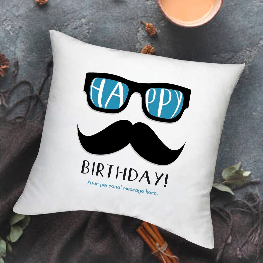 Personalised Happy Birthday Cushion from Happy Look | South Africa – Showcases a fun design with sunglasses and a mustache. Perfect for birthday celebrations and customisable with a personal message. A thoughtful gift that brings joy and lasting memories. Shop now!