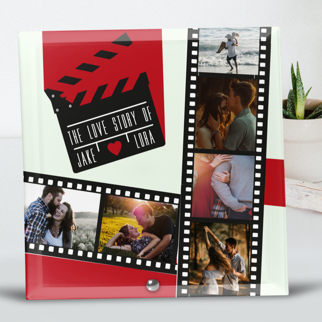 Personalised Glass Tile from Happy Look | South Africa – A vibrant and modern display featuring a romantic film strip design with personal photos and the text “THE LOVE STORY OF JAKE ♥ LORA.” Perfect for anniversaries, weddings, and customisable with your favourite photos. A thoughtful gift that brings joy and lasting memories. Shop now!