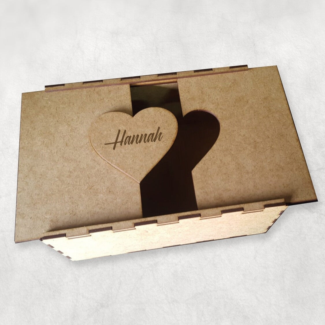 Personalised MDF Box from Happy Look | South Africa – Engraved with a heart and the name "Hannah". Perfect for anniversaries and customisable with names. A thoughtful gift that brings joy and lasting memories. Shop now!