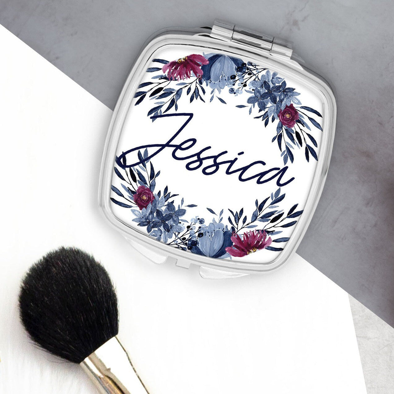 Personalised Pocket Mirror from Happy Look | South Africa β Featuring a full floral wreath with the name "Jessica." Perfect for personal use and customisable with names. A thoughtful gift that brings joy and lasting memories. Shop now!
