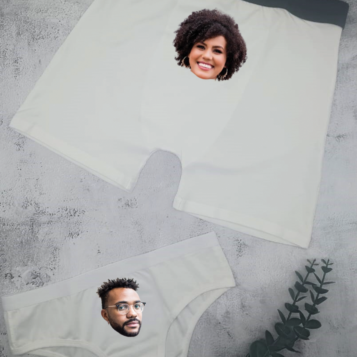 Personalised couples underwear set from Happy Look | South Africa – Made from soft, high-quality fabric, custom-printed with a photo of your partner on the underwear. Perfect for anniversaries, Valentine's Day, or a fun, intimate gift to celebrate your love. A unique and personal way to keep your partner close. Shop now!