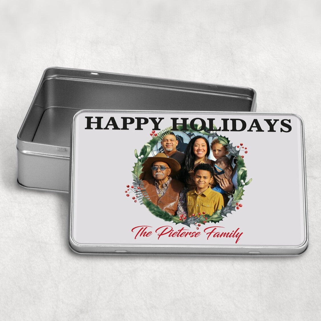 Personalised Metal Gift Box from Happy Look | South Africa – Customisable metal tin with a festive 'Happy Holidays' design, featuring a family photo and personalised name. Perfect for Christmas, birthdays, and special occasions. A thoughtful keepsake for lasting memories. Shop now!
