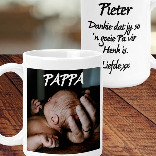 Personalised Mug from Happy Look | South Africa – Features a heartfelt message and photo of a baby with the text "PAPPA." Perfect for Father's Day and customisable with names. A thoughtful gift that brings joy and lasting memories. Shop now!