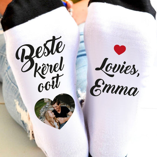 Personalized socks from Happy Look | South Africa – Made from high-quality material, printed with a name and special message and a space for your own photo. Perfect for birthday, anniversary, Valentine’s Day, Christmas, or just because. A unique and practical gift for any romantic occasion. Shop now!