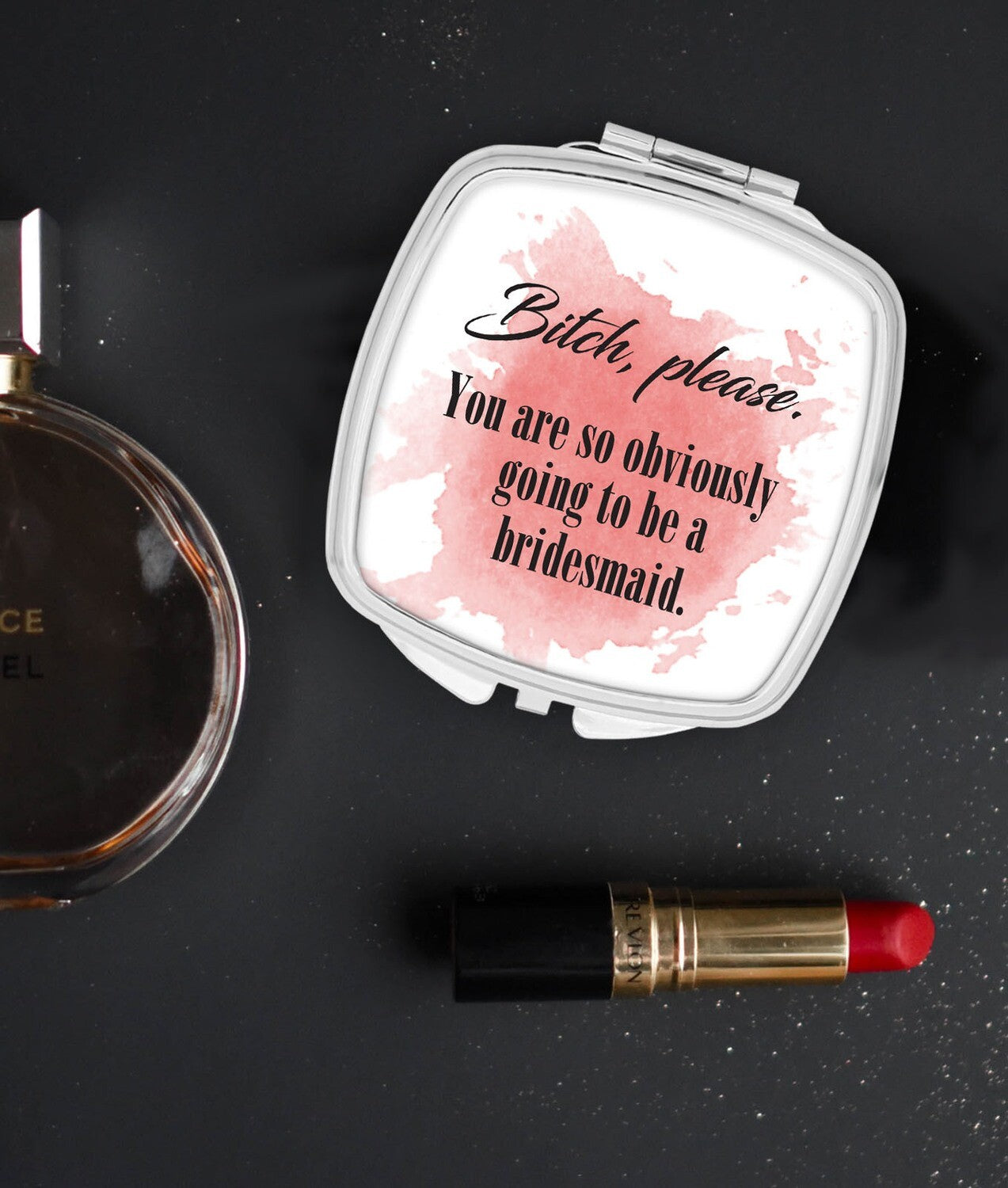 Personalised Pocket Mirror from Happy Look | South Africa β Boldly designed with a sarcastic bridesmaid message on a pink watercolor background. Perfect for fun bridal gifts and customisable with messages. A thoughtful gift that brings joy and lasting memories. Shop now!