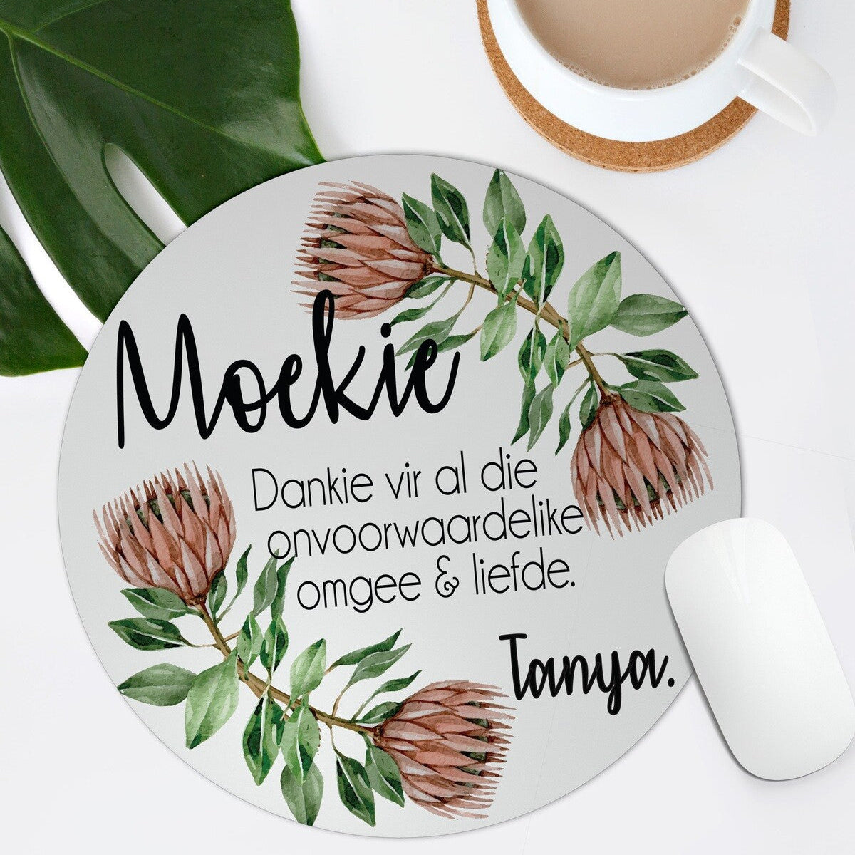 Personalised Mouse Pad from Happy Look | South Africa – Adorned with Protea and a thank you message for mothers. Perfect for any special occasion and customisable with personal names. A thoughtful gift that brings joy and lasting memories. Shop now!