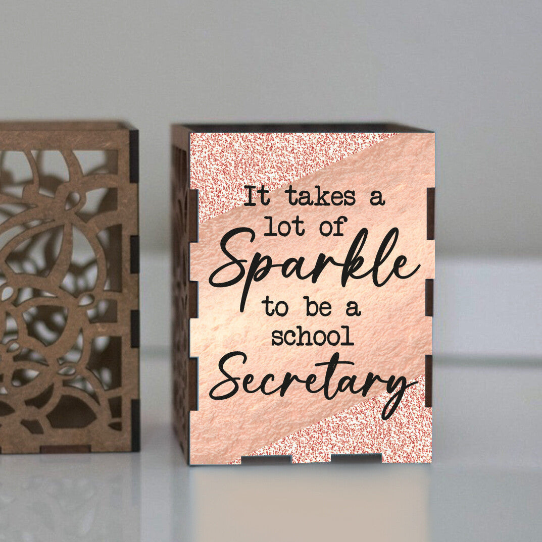 Personalised “It Takes a Lot of Sparkle to be a School Secretary” Pen Holder from Happy Look | South Africa – A fun decoration for school desks. Perfect for teacher appreciation and customisable with individual names. A thoughtful gift that brings joy and lasting memories. Shop now!