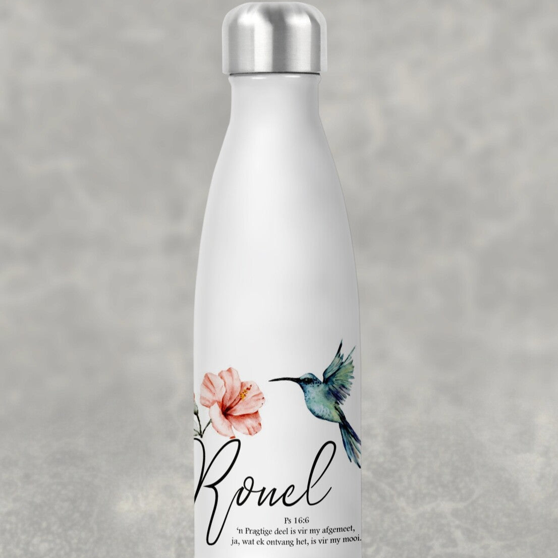 Personalised Water Bottle with Hummingbird & Floral Design from Happy Look | South Africa – A beautifully designed water bottle featuring a hummingbird, flower, and inspirational text. Perfect for nature lovers, birthdays, or spiritual gifts. Customisable with names or quotes. A thoughtful gift that brings joy and lasting memories. Shop now!