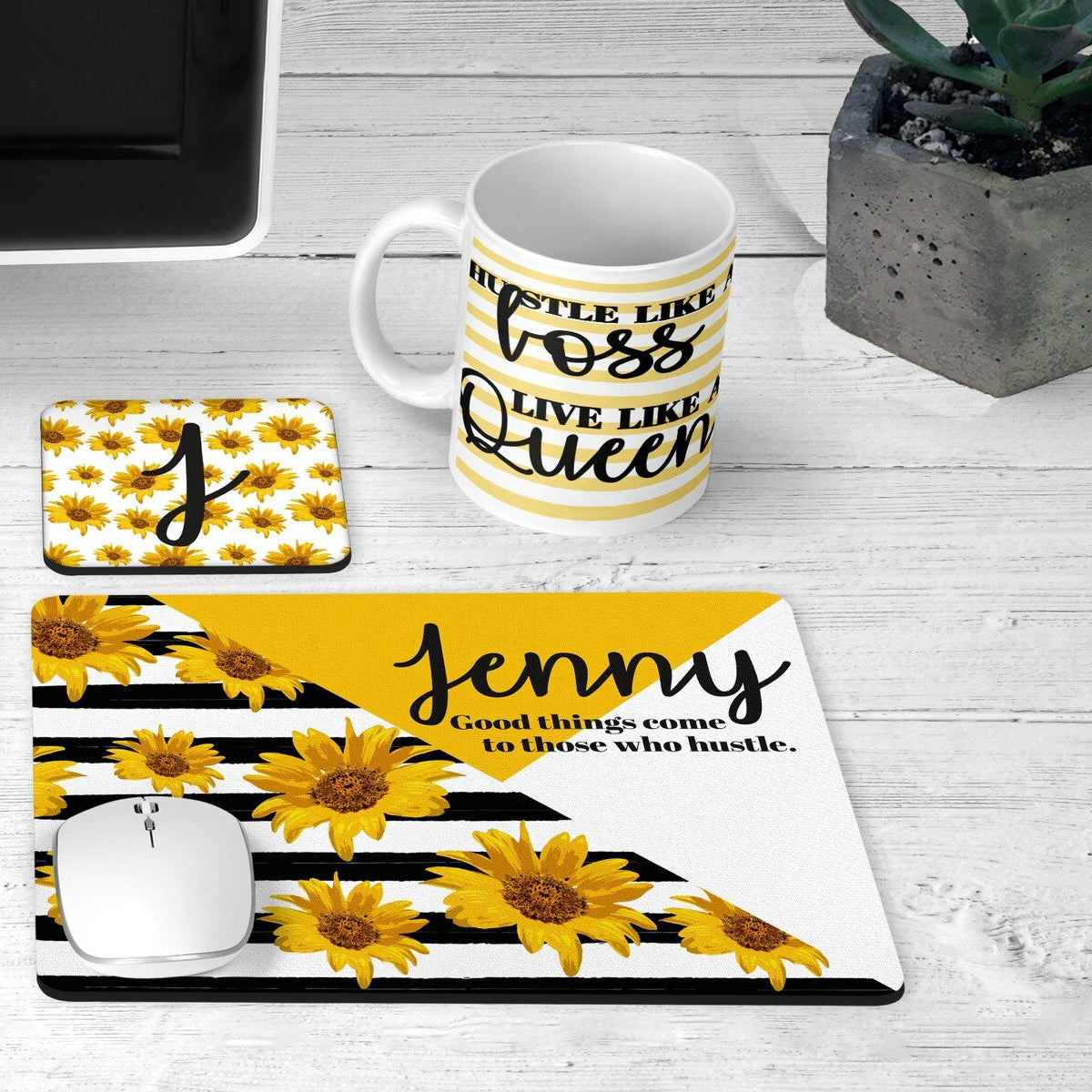 Personalised Desk Set from Happy Look | South Africa – Vibrant sunflower and motivational quote desk set including a mug, coaster, and mouse pad. Perfect for boss gifts, entrepreneurs, and goal-setters. Customisable with a name. A thoughtful gift that brings joy and lasting memories. Shop now!