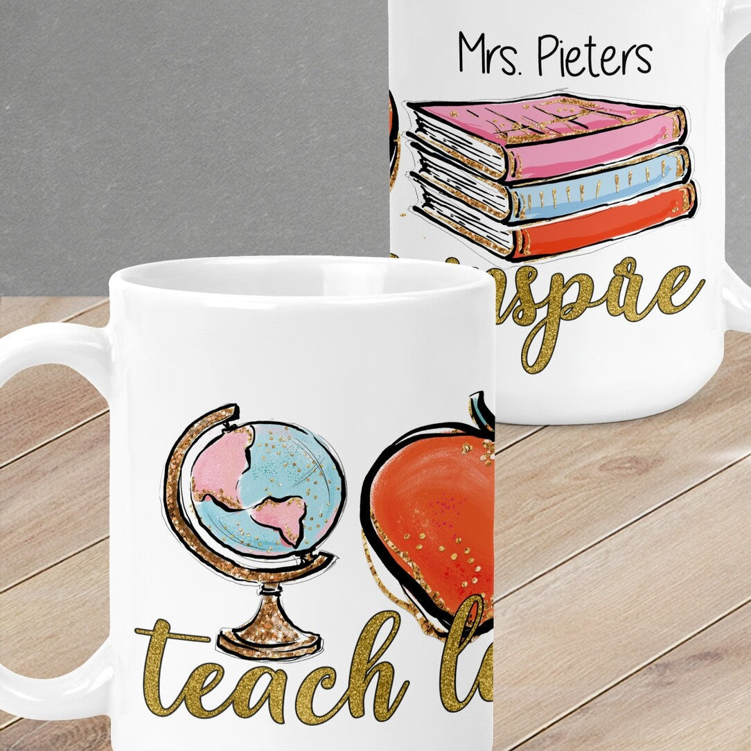 Personalised Mug from Happy Look | South Africa – Showcasing an inspirational design with "Mrs. Pieters" for teachers. Perfect for back-to-school and customisable with names. A thoughtful gift that brings joy and lasting memories. Shop now!