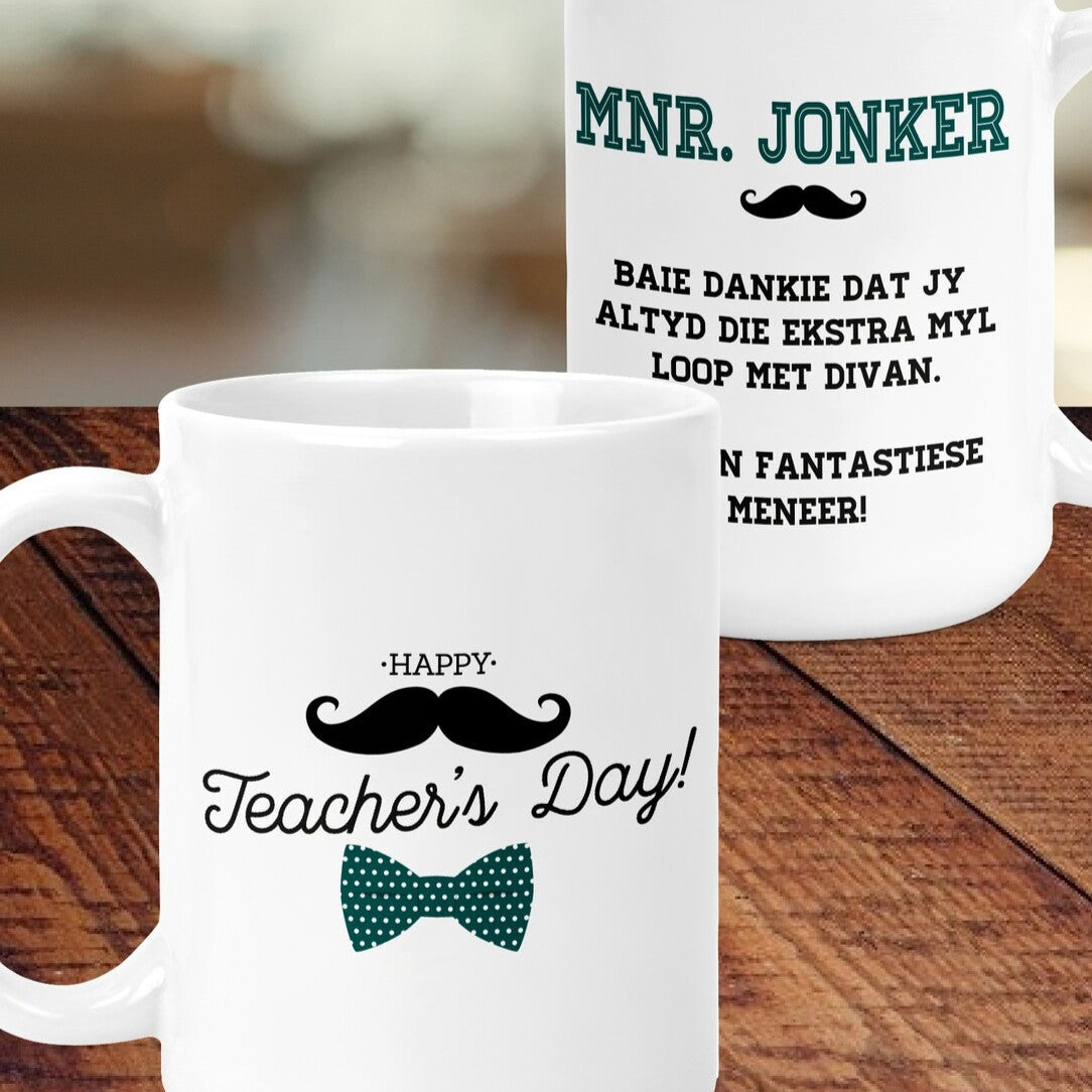 Personalised Mug from Happy Look | South Africa – Celebrating Teacher's Day with a mustache and "MNR. JONKER" in bold lettering. Perfect for Teacher's Day celebrations and customisable with personalized messages. A thoughtful gift that brings joy and lasting memories. Shop now!