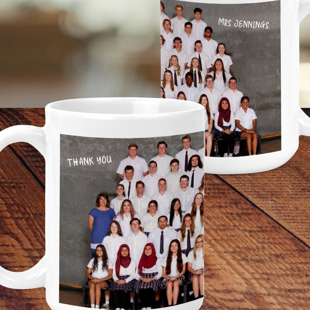 Personalised Mug from Happy Look | South Africa – Featuring a group photo and "THANK YOU" for a teacher. Perfect for teacher appreciation events and customisable with a name. A thoughtful gift that brings joy and lasting memories. Shop now!