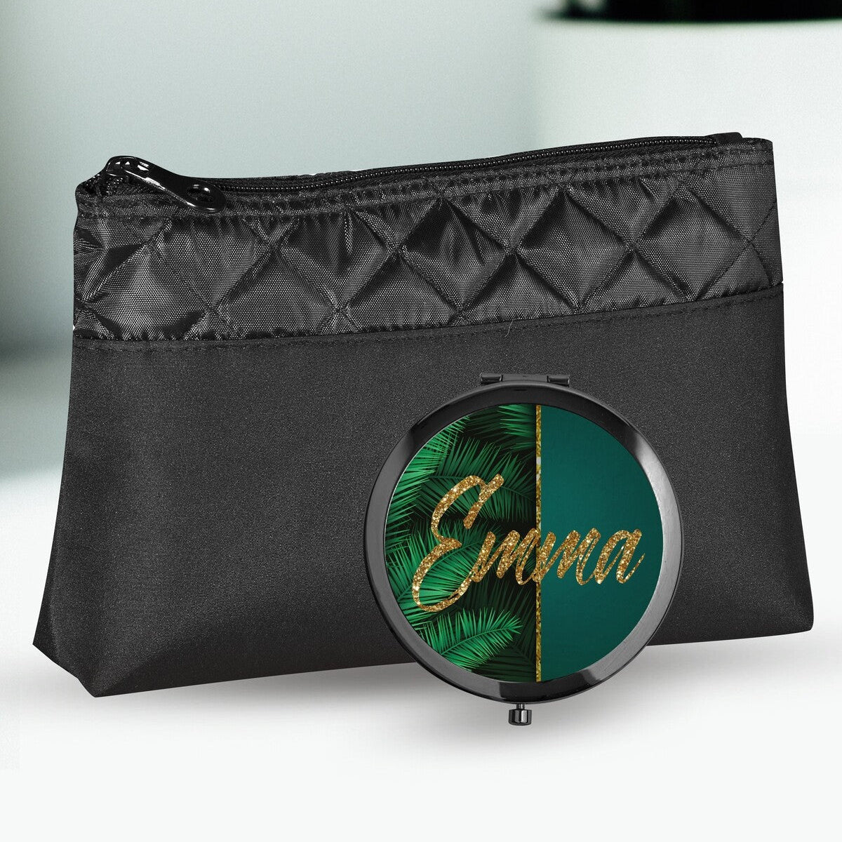 Personalised Cosmetic Bag and Mirror Set from Happy Look | South Africa – Stylish black design with a vibrant green and gold name display. Perfect for birthdays and customisable with individual names. A thoughtful gift that brings joy and lasting memories. Shop now!