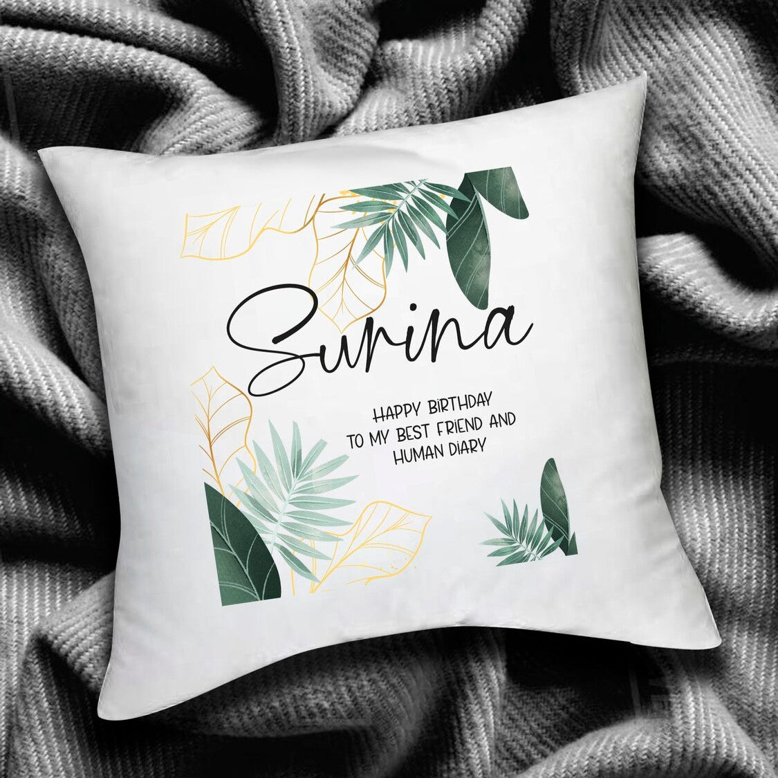 Personalised Birthday Cushion from Happy Look | South Africa – Custom design with name and birthday message surrounded by greenery. Perfect for birthday celebrations and customisable with any name. A thoughtful gift that brings joy and lasting memories. Shop now!