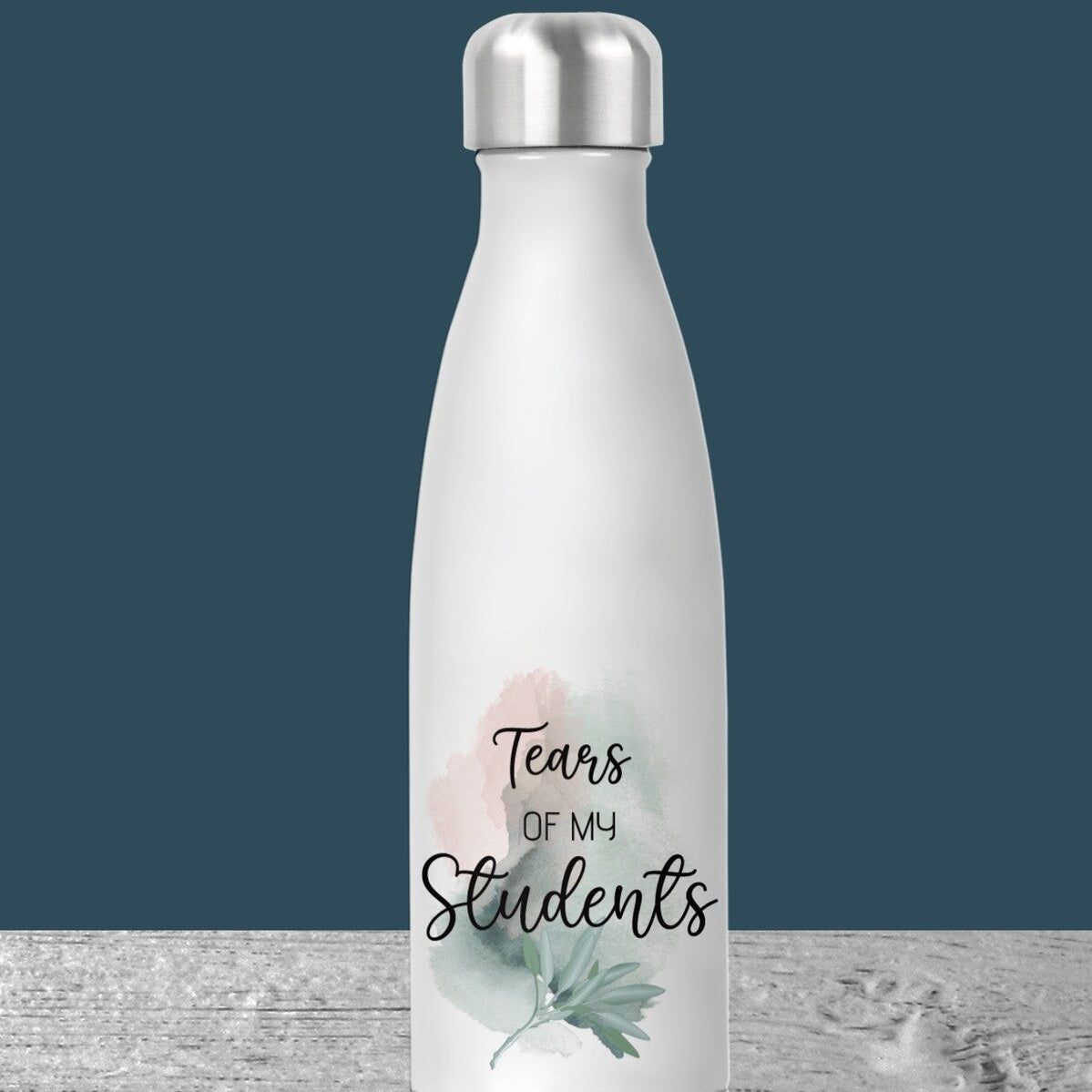 Personalised Teacher Water Bottle from Happy Look | South Africa – Stainless steel bottle with “Tears of My Students” text and floral design. Perfect for teacher appreciation gifts and customisable with names. A thoughtful gift that brings joy and lasting memories. Shop now!