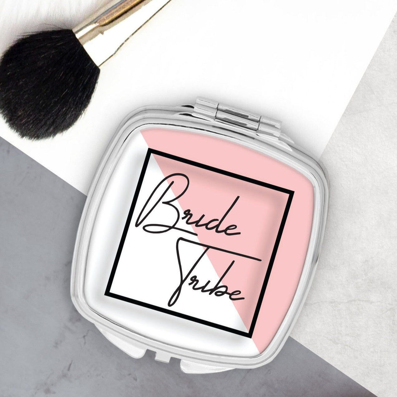 Personalised Pocket Mirror from Happy Look | South Africa β Modern design saying "Bride Tribe" in elegant typography. Perfect for bridal celebrations and customisable with names or designs. A thoughtful gift that brings joy and lasting memories. Shop now!