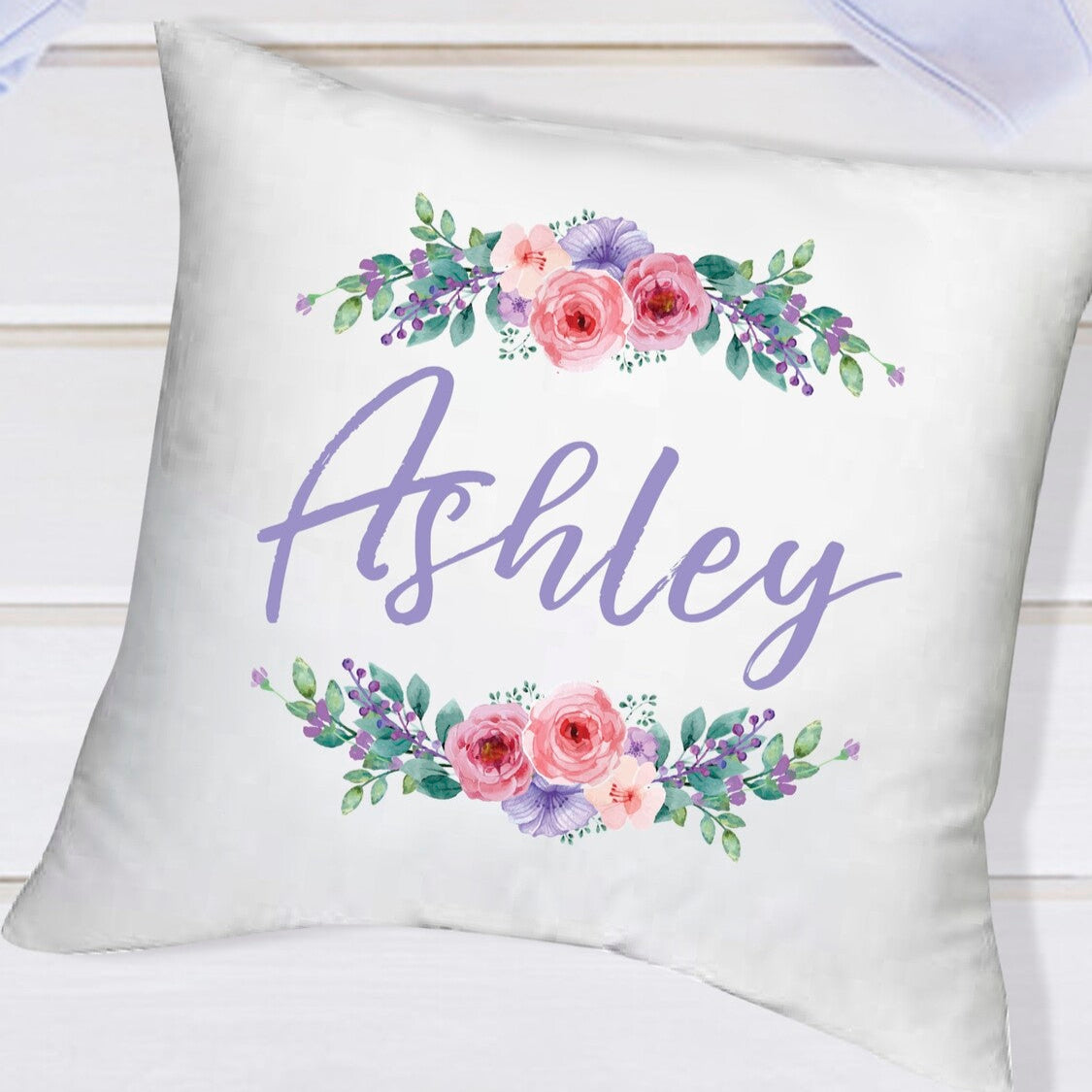 Personalised Pillow from Happy Look | South Africa – Featuring the name "Ashley" with floral embellishments. Perfect for birthdays and customisable with names. A thoughtful gift that brings joy and lasting memories. Shop now!